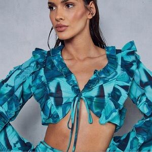 MissPap Abstract Printed Frill Detail Tie Blouse in green
